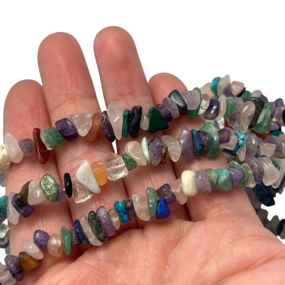 Multi Stone Chip Chippy Necklace Long Strand Semi Precious Gemstones Multi Color - Picture 4 of 8